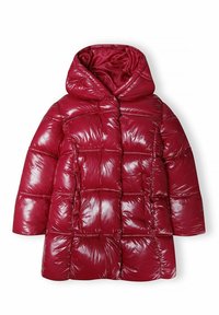 Rote, glänzende Daunenjacke mit Kapuze, mit einem gesteppten Design, dickem Futter und geradem Schnitt, geeignet für winterliches Wetter.