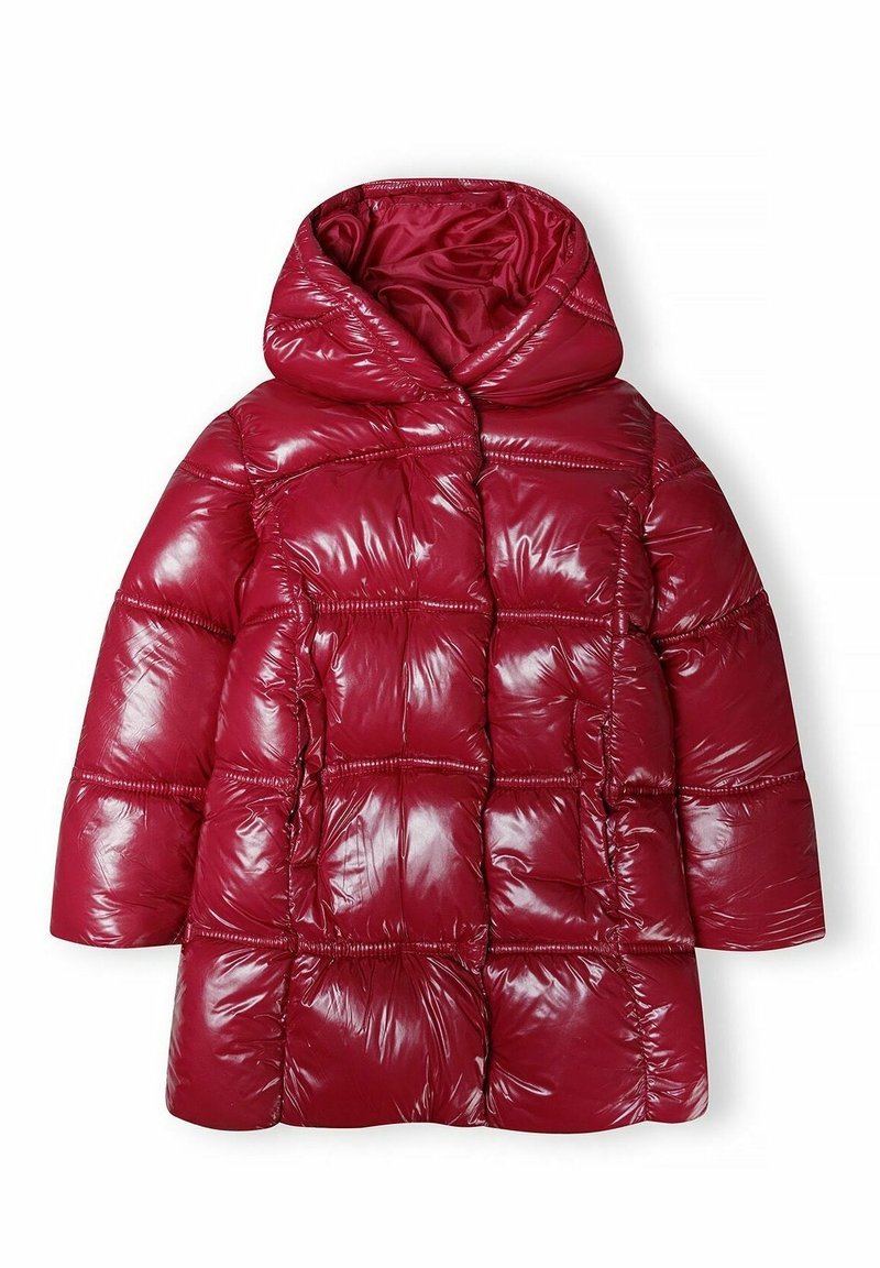 Rote, glänzende Daunenjacke mit Kapuze, mit einem gesteppten Design, dickem Futter und geradem Schnitt, geeignet für winterliches Wetter.