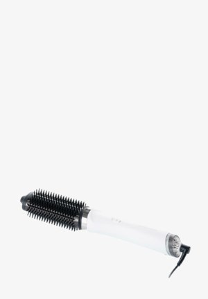 Rundbürstentrockner mit einem verlängerten weißen Griff, schwarzen Borsten und einem strukturierten Griff. Inklusive Netzkabel.