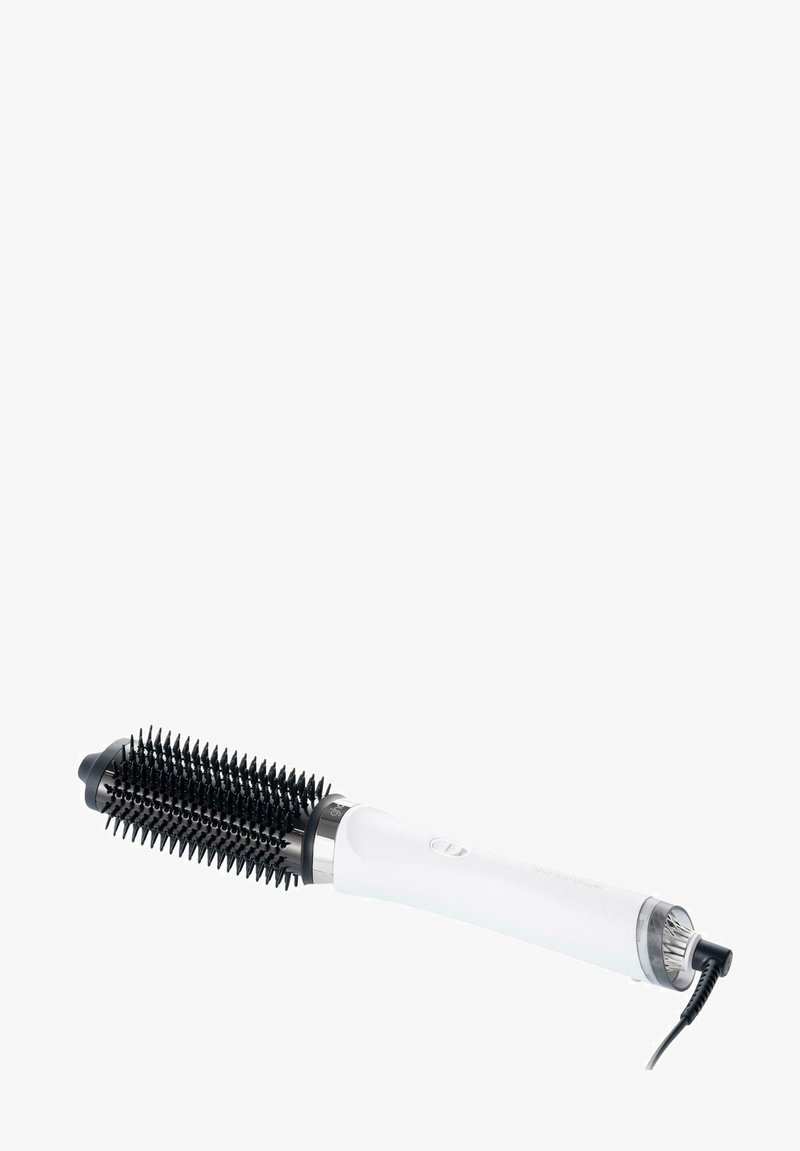 Asciugacapelli a spazzola rotonda con manico allungato bianco, setole nere e impugnatura testurizzata. Include un cavo di alimentazione.