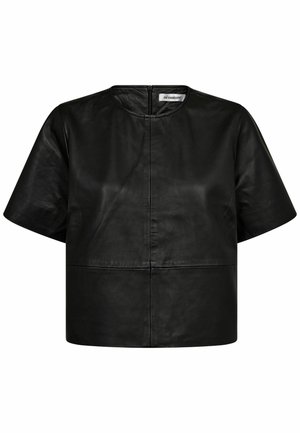 Haut en cuir noir à manches courtes, encolure ronde et fermeture éclair dans le dos. Il présente une texture lisse et une silhouette carrée.