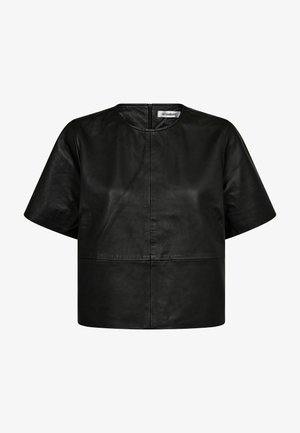 Zwarte leren top met korte mouwen, ronde halslijn en een rits op de rug. Beschikt over een gladde textuur en een boxy silhouet.