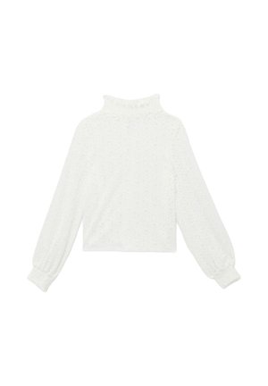 Witte gebreide coltrui met lange mouwen, kabelpatroon en geribde boorden, plat liggend op een witte achtergrond.