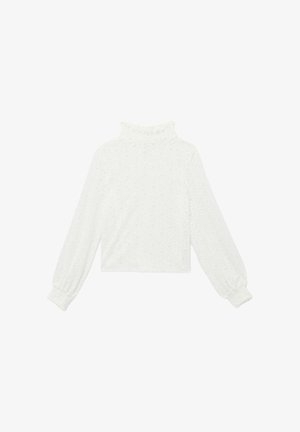 Witte gebreide coltrui met lange mouwen, kabelpatroon en geribde boorden, plat liggend op een witte achtergrond.