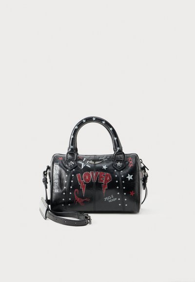 Black leather handbag with graphic designs, including "LOVE," stars, and a scorpion. Features two handles and a detachable shoulder strap.