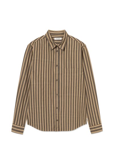 Koszula na guziki z długim rękawem w pionowe paski w kolorach brązowym, beżowym i szarym oraz z przednią kieszenią na piersi.