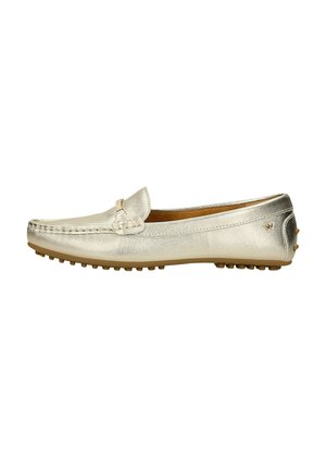 Metallic gold loafers with a rounded toe, leather upper, stitched detailing, and rubber outsole featuring small nubs for grip.