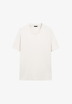 T-shirt blanc uni à manches courtes, affiché à plat avec une étiquette de col visible sur fond blanc.