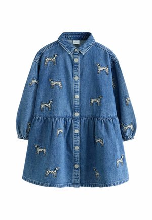Vestido vaquero azul con mangas largas, botones delanteros y patrones bordados de perros dálmatas repartidos por la tela.