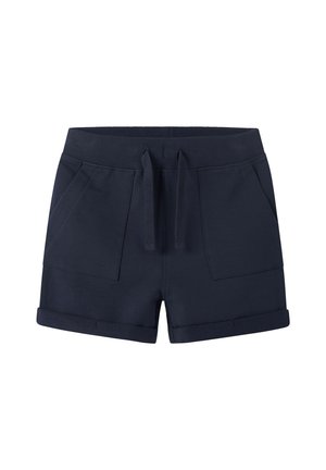 Shorts de punto azul marino con cintura de canalé, cordón de ajuste, bolsillos frontales y dobladillos enrollados.
