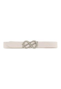 Cintura rosa chiaro con texture in pelle liscia, dotata di un fibbia a nodo infinito in argento con dettaglio attorcigliato.