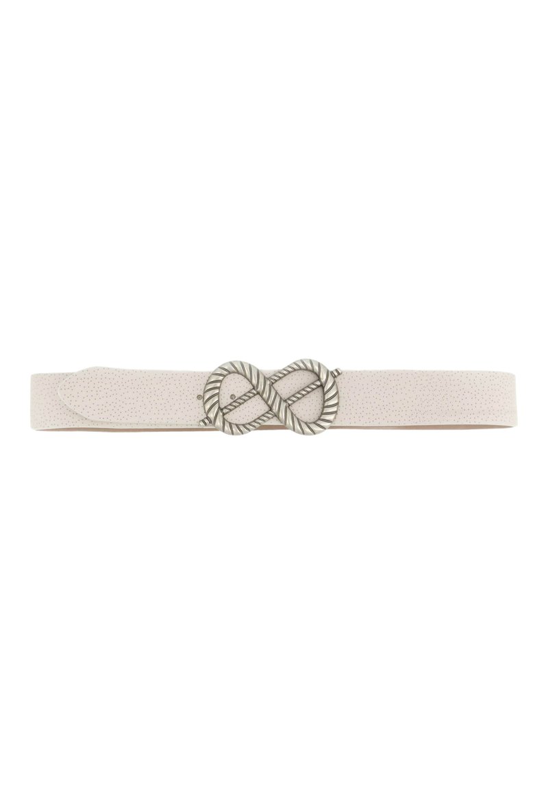 Cintura rosa chiaro con texture in pelle liscia, dotata di un fibbia a nodo infinito in argento con dettaglio attorcigliato.