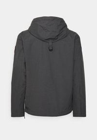 Tummanharmaa huppari, jossa on sileä pinta, säädettävä huppu hihnalla ja sivutaskut käytännölliseen käyttöön.