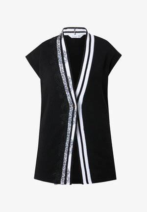 Mustat lyhythihaiset liivit, joissa on valkoiset raidat ja pitsiyksityiskohta vasemmalla puolella. Varustettu V-pääntiellä ja nappisuljennalla edessä.