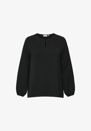 Črna bluza z dolgimi rokavi in zaobljenim ovratnikom, z detajlom ključavnice spredaj in teksturiranimi dodatki na ramenskem delu. Mehka tkanina, sproščen kroj.