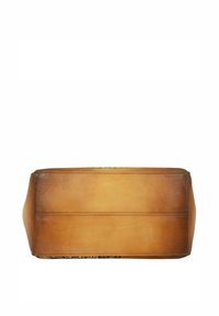 Bruine leren handtas met een gladde textuur en een gestructureerde vorm, voorzien van een reliëfpatroon aan de onderkant en een kleurrijke binnenvoering.