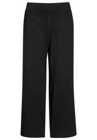 Zwarte wijde broek met een elastische tailleband, gemaakt van zachte stof, met een rechte snit en zonder zichtbare patronen of accenten.