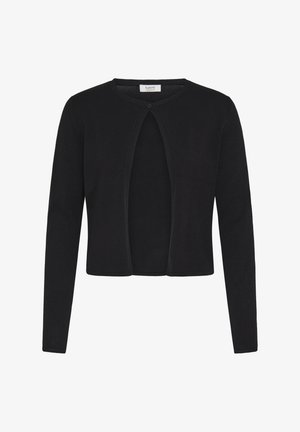 Črna pletena jopica z dolgimi rokavi, okroglo izrezom in enim gumbom za zapiranje spredaj. Gladka tekstura in prilegajoča zasnova.