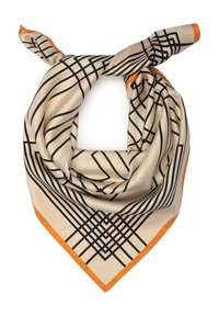 Beige silkeskærf med sorte geometriske linjer og en orange kant. Skærfet har en trekantet form med knyttede ender.
