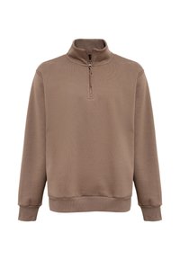 Brown zip-neck sweatshirt made of textured fabric with a collar, long sleeves, and ribbed cuffs and hem. Simple design, no patterns.