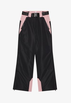 Pantaloni a gamba larga neri e rosa con cintura, dotati di due tasche con zip e pannelli a contrasto sui lati. Realizzati in tessuto morbido e leggero.
