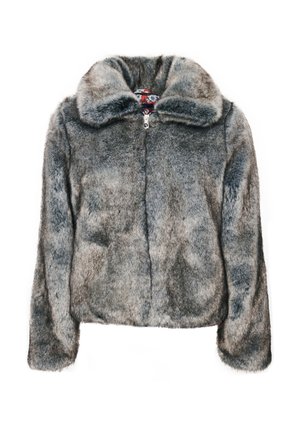 Veste grise en fausse fourrure avec manches longues, col large et fermeture éclair frontale, présentée sur fond blanc.