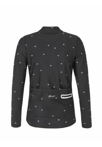 Black long-sleeve jacket with a patterned design featuring small white and pink motifs, front pocket with zipper, stretchy material, casual fit.