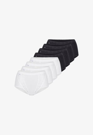 Cinq paires de culottes noires et cinq paires de culottes blanches pour femmes avec des détails en dentelle, disposées en deux rangées décalées sur un fond blanc.