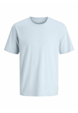 Šviesiai mėlynas trumpomis rankovėmis, su apvalia iškirpte, marškinėliai su vienspalviu dizainu ir minkšta audinio tekstūra.