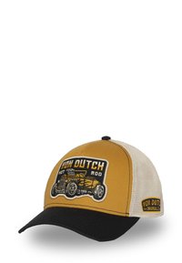 Casquette avec un devant jaune, une visière noire et un dos en maille crème. Présente un graphique hot rod brodé en relief et un logo sur le côté.