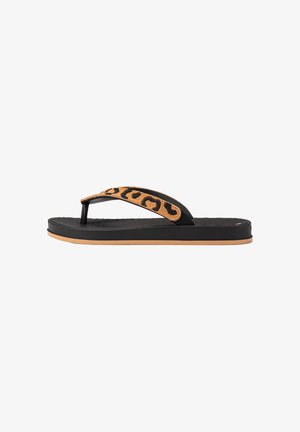 Black flip-flop sandal with textured sole and tan strap featuring a black leopard print pattern, flat tan outsole.