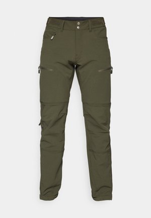 Pantalons vert olive en tissu extensible. Comprend deux poches latérales zippées et des coutures au genou pour plus de flexibilité. Design ajusté avec une texture lisse.