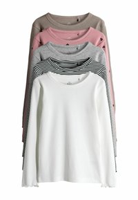 Fem långärmade ribbade toppar i vitt, svart med vita ränder, grått, rosa med hjärtan och beige, staplade vertikalt.