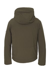 Giacca verde oliva di lunghezza media con cappuccio, caratterizzata da una texture liscia, polsini elasticizzati e un design semplice. La vista posteriore mette in mostra i dettagli delle cuciture.