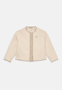 Beige, kviltet jakke med knapper, rund hals, lange ermer og liten "CK"-logo på venstre bryst.