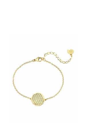 Goldenes Armband mit einem runden Anhänger, der ein florales geometrisches Muster zeigt, verbunden durch eine filigrane Kette und mit einem Karabinerverschluss.