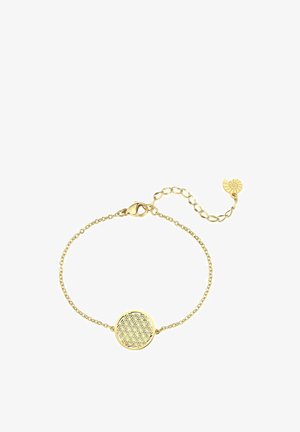 Goldenes Armband mit einem runden Anhänger, der ein florales geometrisches Muster zeigt, verbunden durch eine filigrane Kette und mit einem Karabinerverschluss.