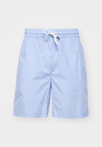 Short de bain rayé bleu clair et blanc avec une taille élastique et un cordon de serrage. Fabriqué en tissu lisse, avec des poches latérales et des ourlets fendus.
