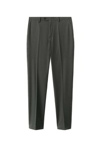 Dark gray tailored formal trousers with belt loops, front button closure, side pockets, and a crease down the center of each leg.