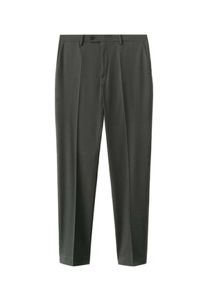 Dark gray tailored formal trousers with belt loops, front button closure, side pockets, and a crease down the center of each leg.