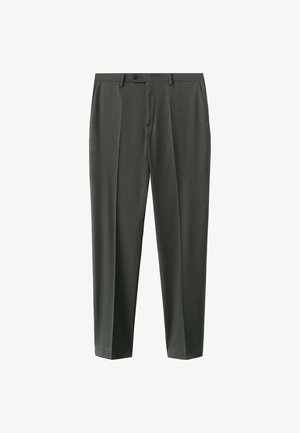 Ciemnoszare, dopasowane formalne spodnie z szlufkami na pasek, zapinane na guziki z przodu, z bocznymi kieszeniami i kantem wzdłuż środka każdej nogawki.