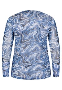 Långärmad skjorta i ett blått mönster med vita och grå virvelmönster, tillverkad av lättviktigt tyg, med en rundad halsringning och avslappnad passform.