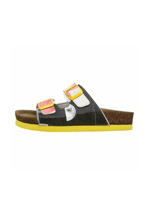 Black slide sandal with yellow sole, white and pink accents, and two bright yellow buckles. Features a textured cork footbed for comfort.
