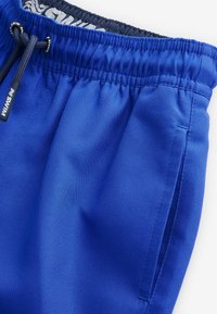 Shorts de bain bleus avec une taille élastique et un cordon de serrage. Présente une texture lisse et des poches latérales. Branding minimal visible.