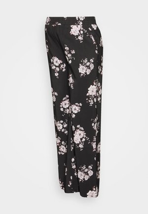 Calças florais pretas com um cós elástico. Apresentam padrões de flores brancas e rosas, com uma textura suave e um design de perna larga.