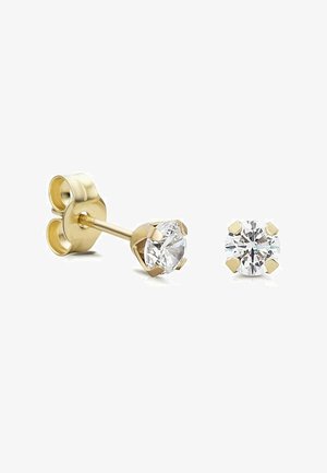 Goldene Ohrstecker mit runden, klaren, facettierten Steinen in einer Vierkrallenfassung; ein Ohrstecker weist ein einzigartiges Rückendesign auf.