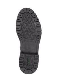Black rubber shoe sole featuring a zigzag tread pattern, with prominent branding and size marking, flat and textured for grip.