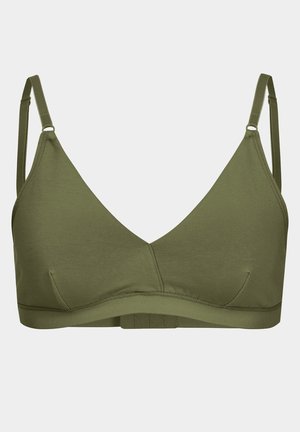 Bralette vert olive en tissu lisse, présentant une forme triangulaire, des bretelles réglables et une fermeture à crochets au dos.