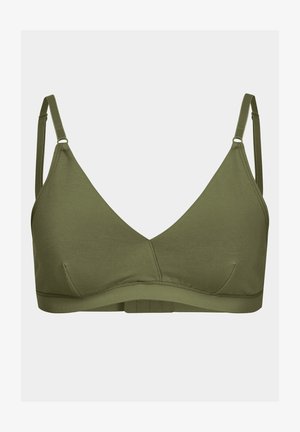 Olivegroene bralette van glad materiaal, met een driehoekige vorm, verstelbare bandjes en een haak-en-oogsluiting aan de achterkant.