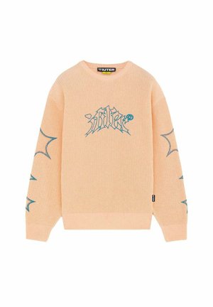 Maglione in maglia pesca con design astratto di ragnatela blu su petto e maniche, scollo a girocollo e polsini e orlo a coste.